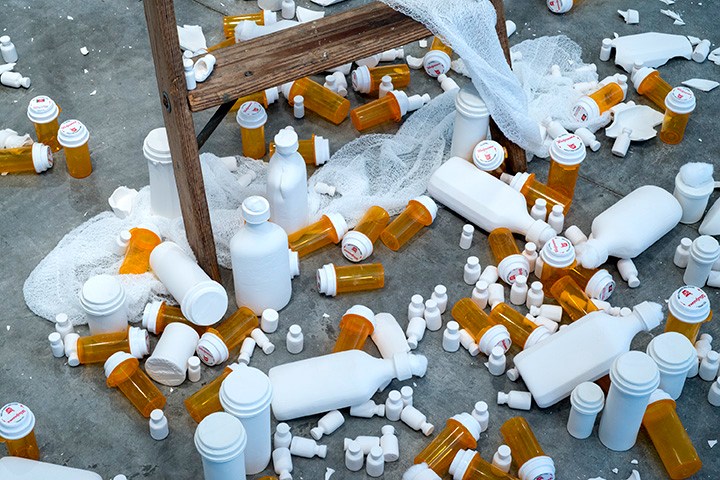 EARTHLY BURDENS, wooden ladder surrounded by plastic empty pill bottles and ceramic simulacra pill bottles by Susan Mollet